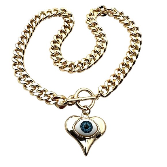 Evil Eye Heart Pendant Necklace Gold Tone Toggle Clasp 15 Inch Chain New - Picture 1 of 10